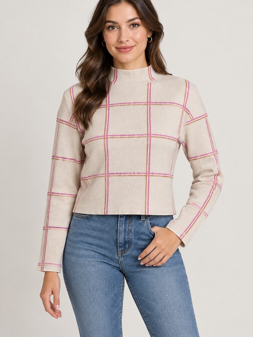 Tahari Mock Neck Plaid Sweater in Beige and Pink